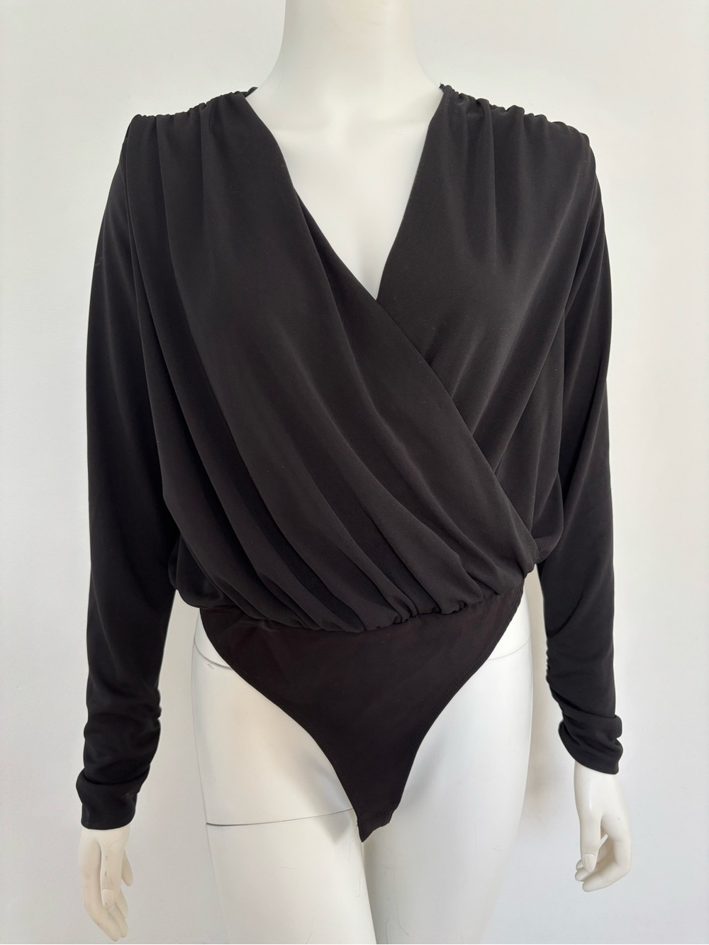 Zara Black Draped Wrap-Front Long-Sleeve Bodysuit